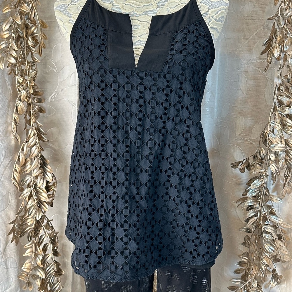 Athleta Women’s Small Black‎ Eyelet Lace Cami Tank Top – Cotton Front Panel